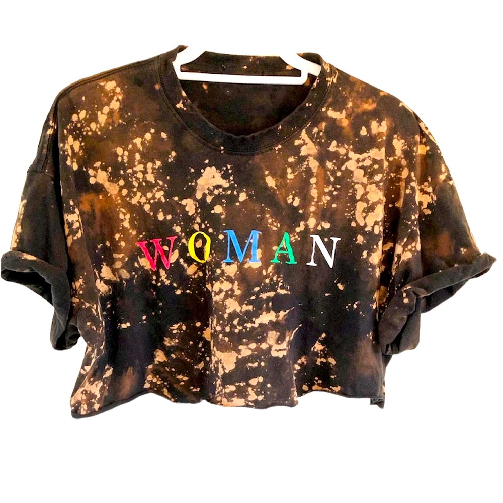 UPCYCLED bleach distressed “WOMAN” cropped tee